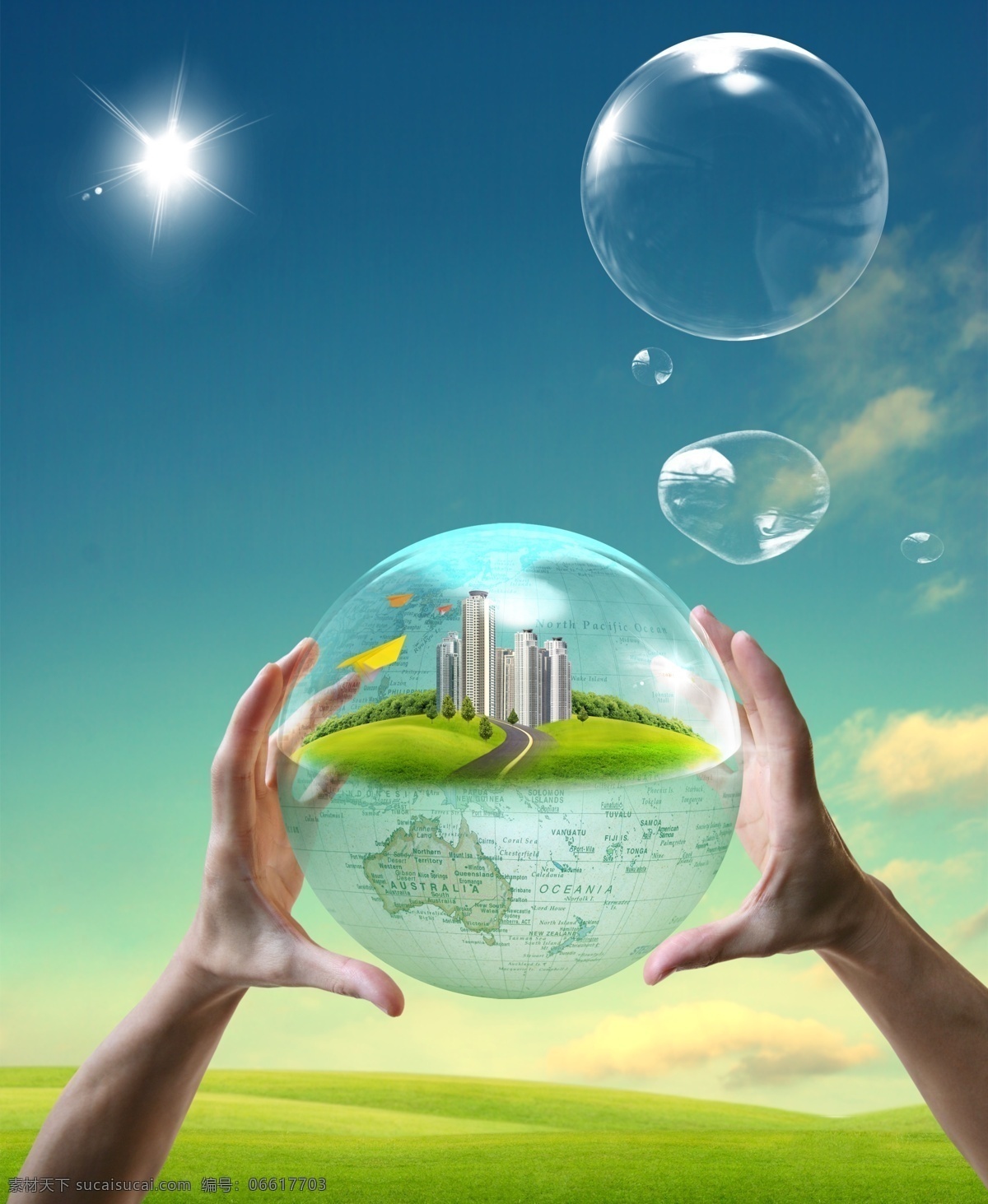 环保 主题 气泡 地球 守护地球 绿色城市 双手守护地球 青色 天蓝色
