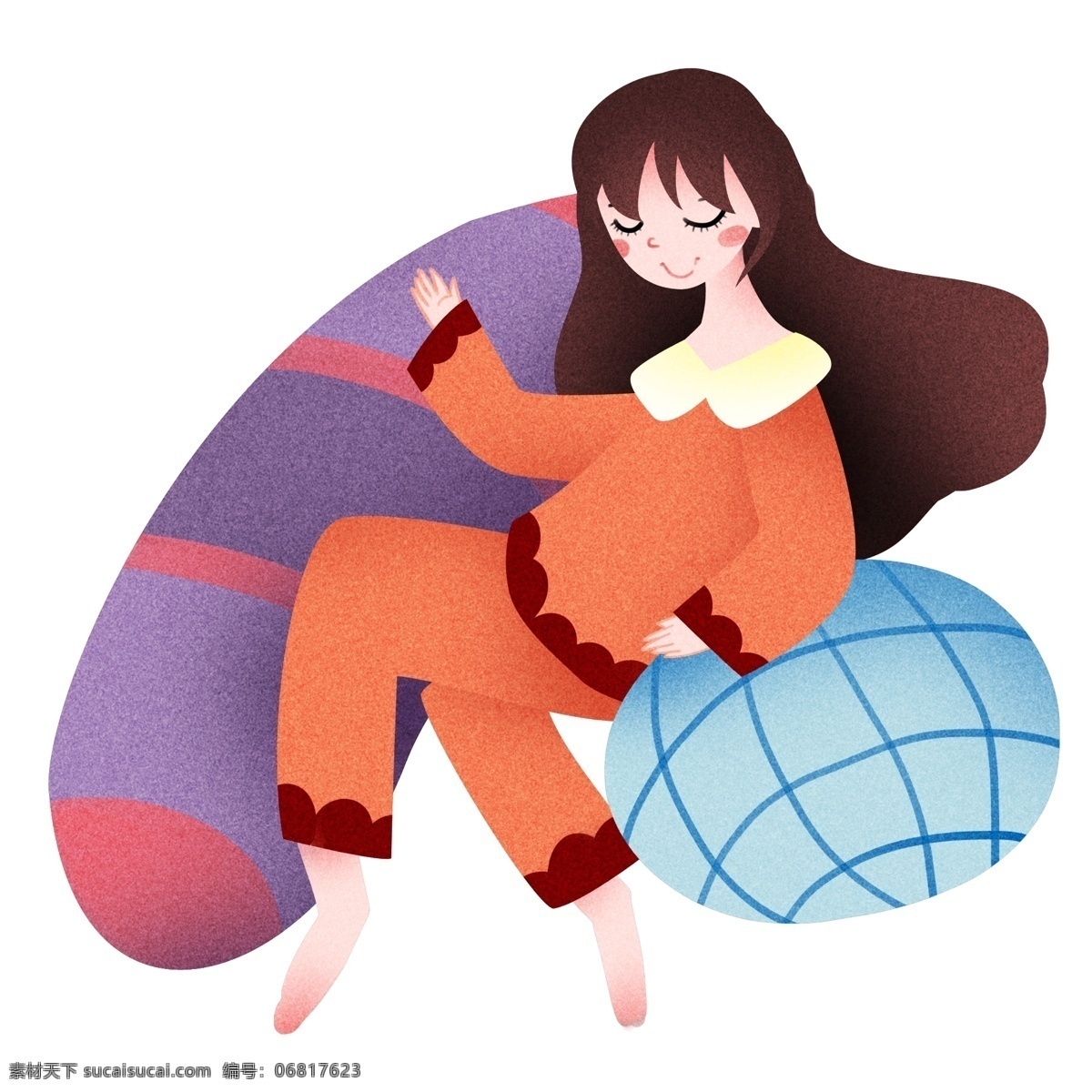 世界 睡眠 日 睡觉 女孩 插画 睡觉的女孩 世界睡眠日 紫色长枕头 可爱的小女孩 节日装饰 创意节日 卡通插画