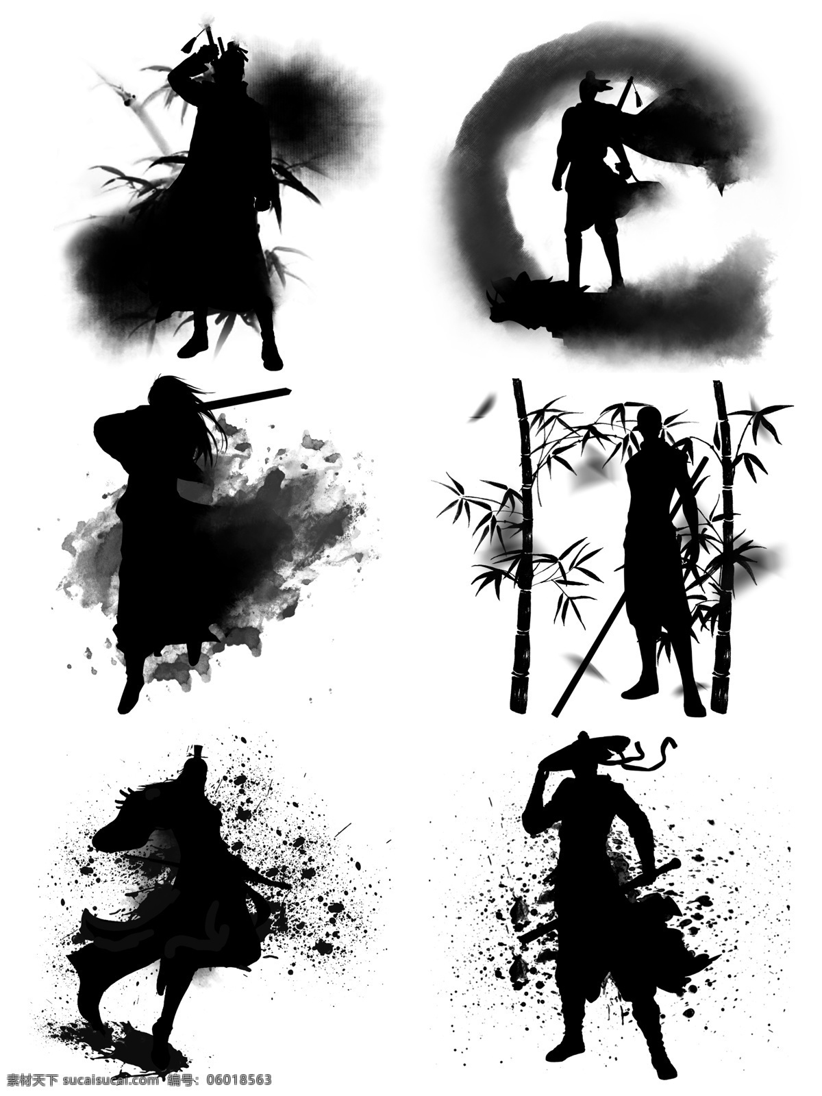 原创 商用 武侠 人物 水墨 风 剪影 合集 免抠 人物剪影 水墨风 可商用 分图层