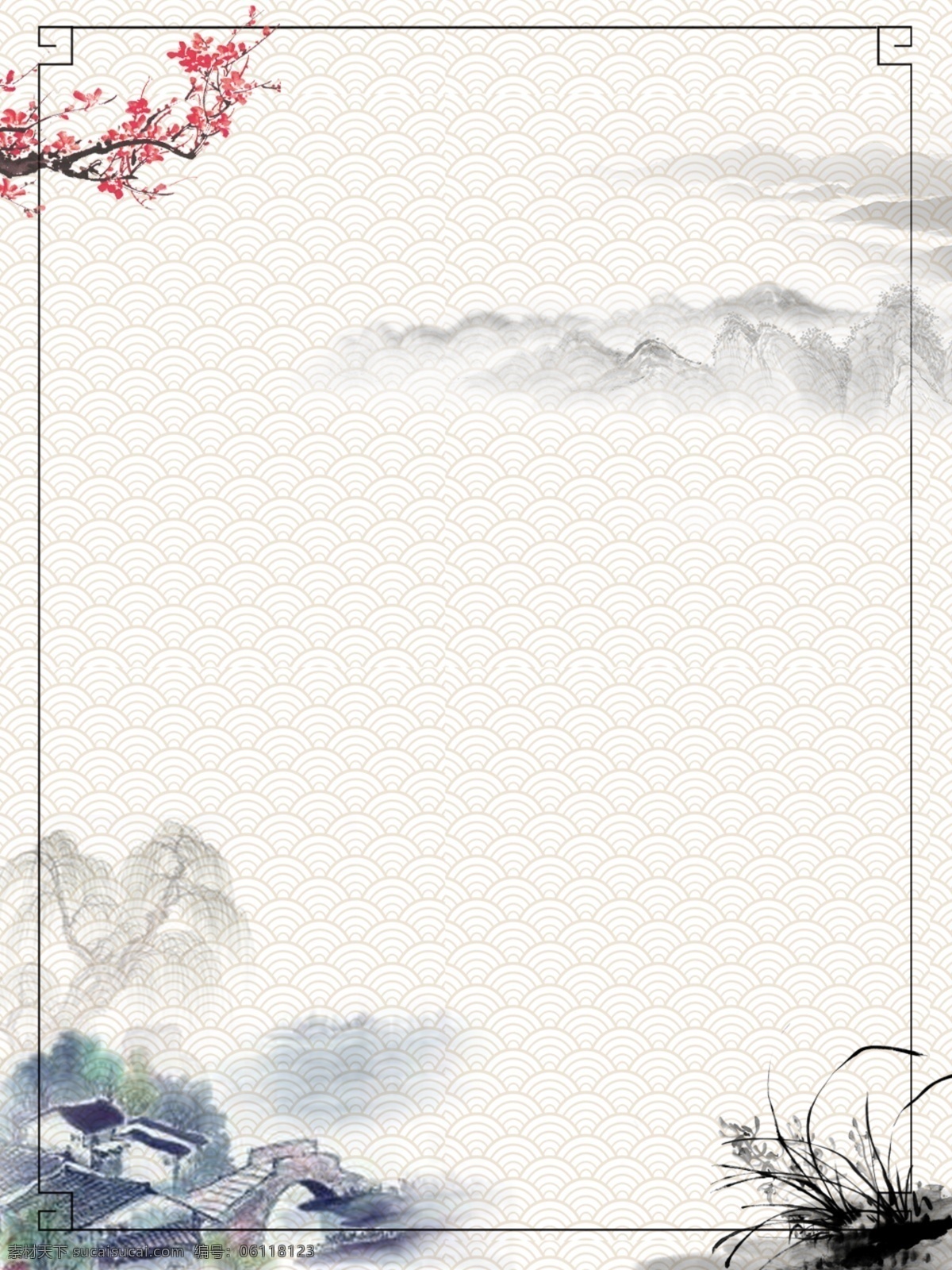 简约 中国 风 山水画 背景 矢量 插图 中国风 山水 兰花 柳树 石桥