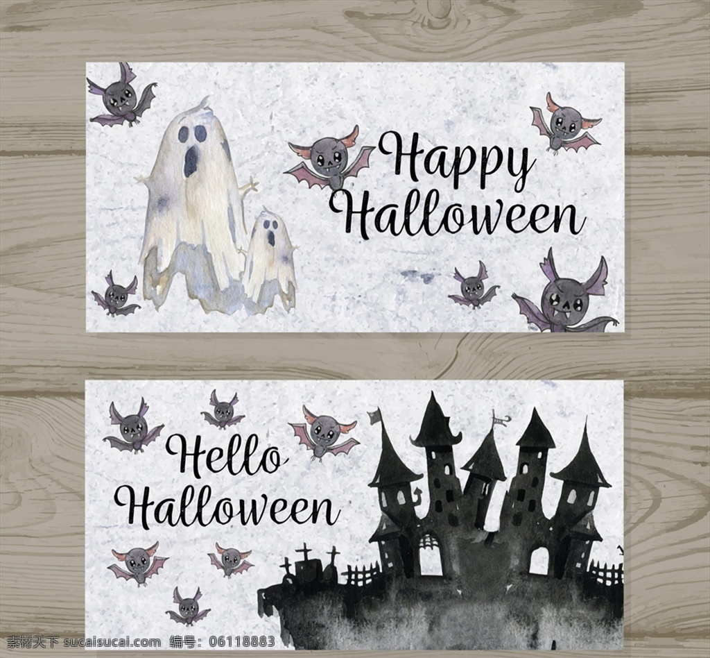款 手绘 万圣节 banner 蝙蝠 幽灵 城堡 happy halloween 木板