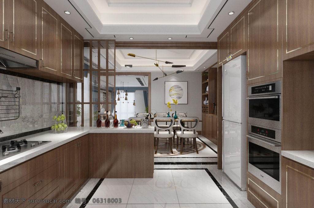 新 中式 厨房 室内 装饰装修 效果图 厨房效果图 装饰画 室内装修 室内设计 3d模型 新中式风格 新中式厨房 边柜 吧台