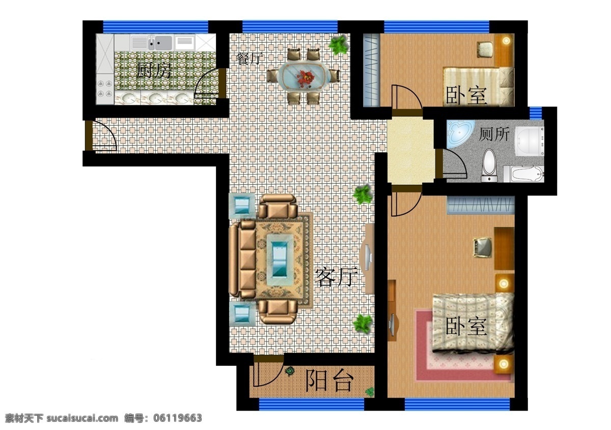 户型图 两室两厅 高端 大气
