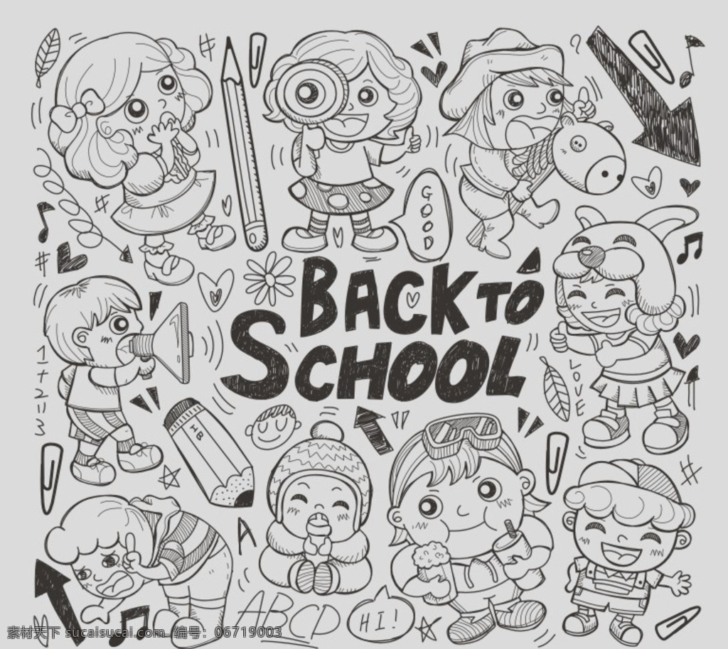 学校 儿童 铅笔画 开学 小孩 上学 分层素材 黑白线条 图标 小学 速写 卡通 卡通人物 插画 儿童插画 动漫动画 动漫人物