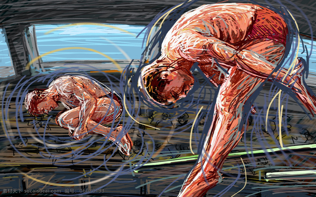 线条 手绘 人物 跳水 创意 运动人物 画笔线条 跳水比赛 插画集