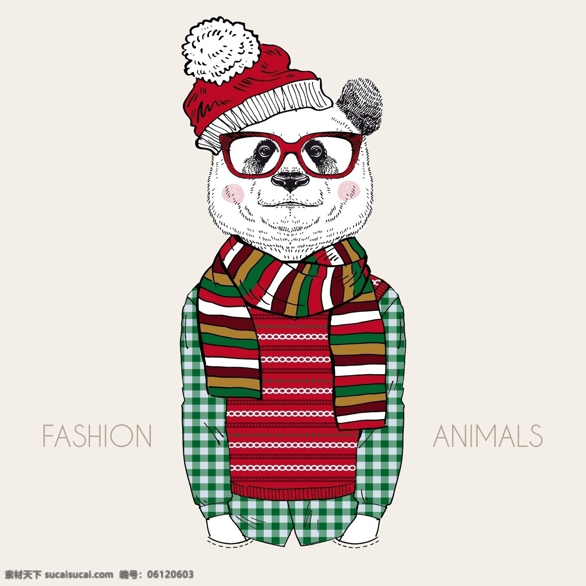 小熊圣诞装 眼镜 圣诞帽 时尚动物 动物人物 熊猫 动物 机器人 底纹边框 背景底纹