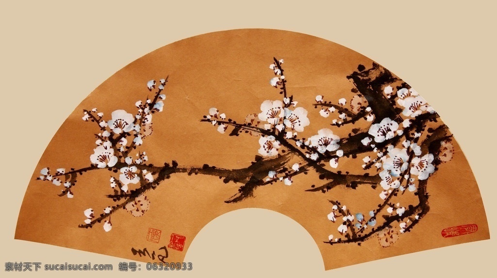 梅花扇 美术 绘画 中国画 水墨画 扇画 梅花画 白梅 书法 印章 国画艺术 国画集42 绘画书法 文化艺术
