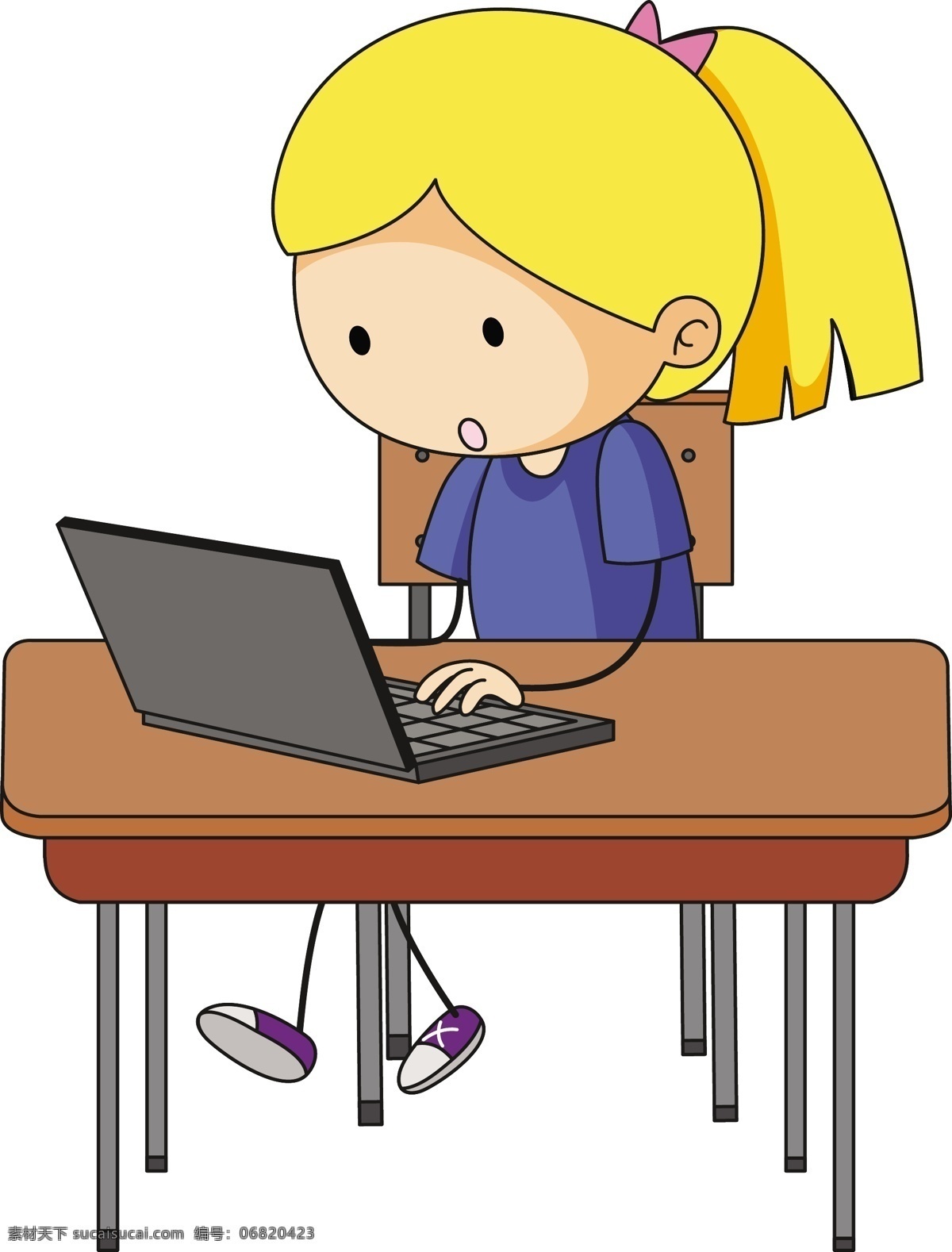 手绘卡通儿童 手绘 儿童 学生 女孩 快乐 开心 儿童素材 电脑 课桌 写字桌 学电脑 卡通儿童 卡通设计