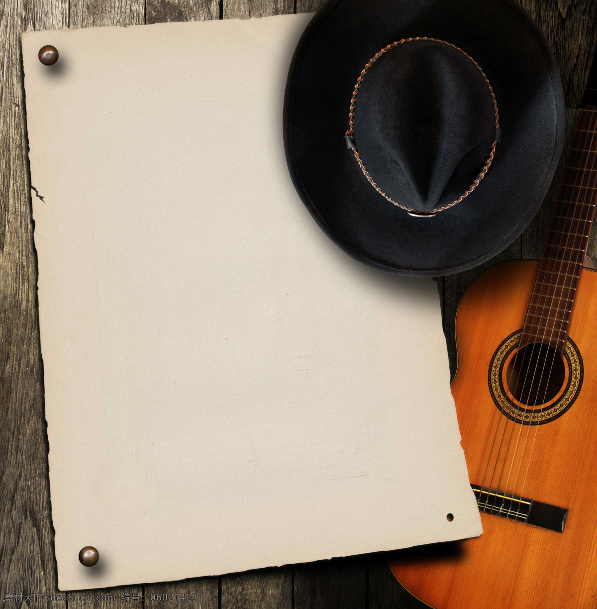 吉他 帽子 空白 纸 背景 乐器 音乐背景 空白纸 影音娱乐 生活百科