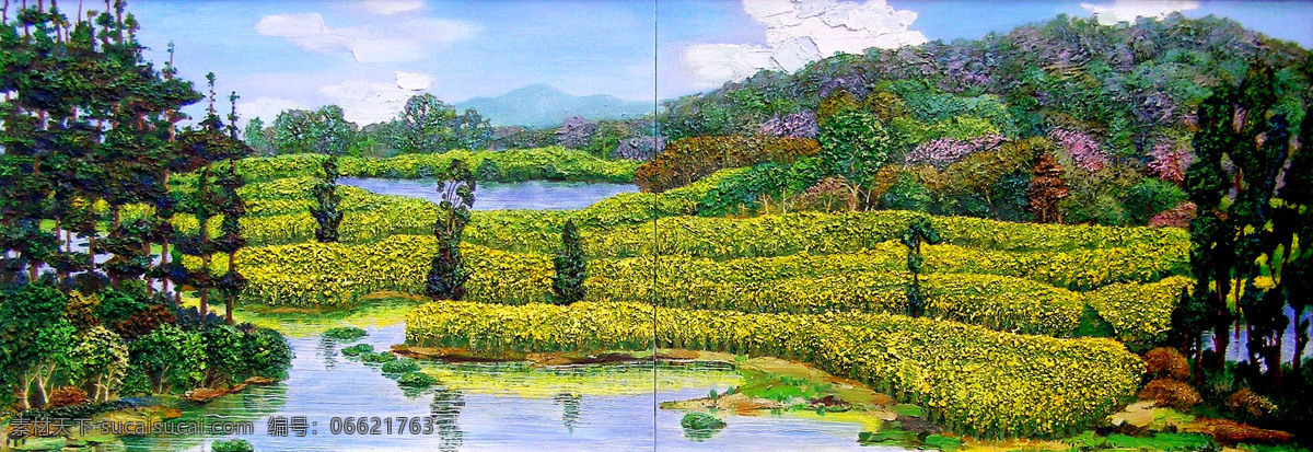 草地 春光 风景 花木 绘画 绘画书法 美术 春色无边 油画 山野 树林 溪流 树木 油画艺术 油画作品28 文化艺术 家居装饰素材