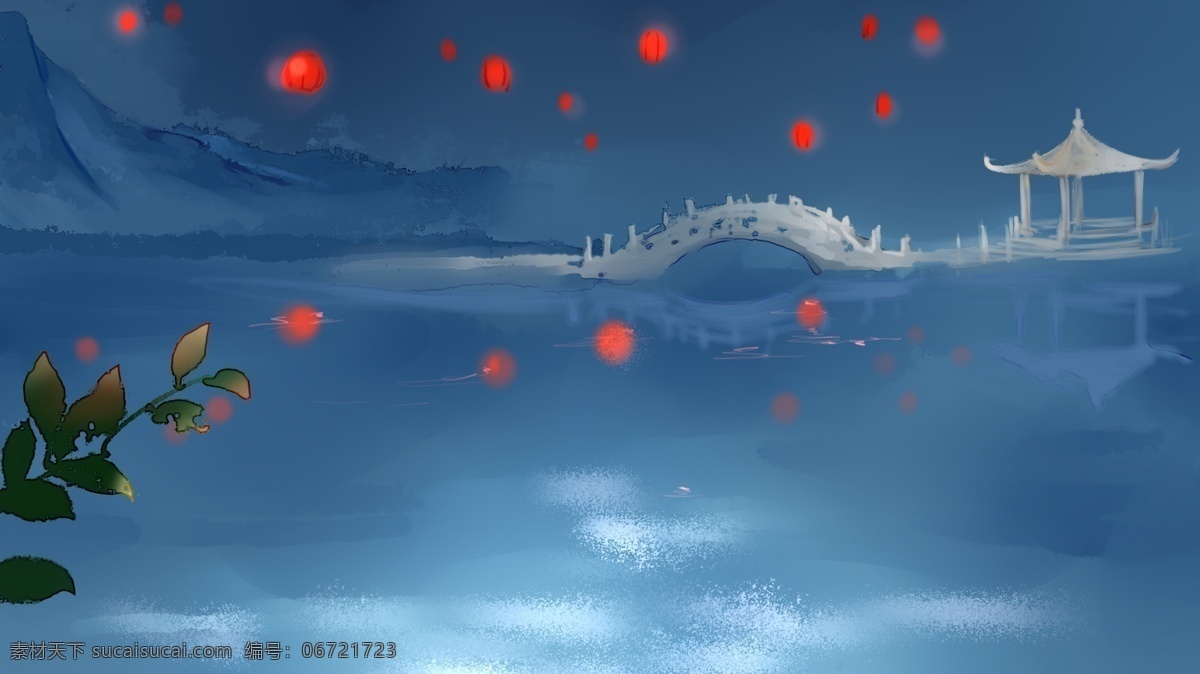 中元节 小亭 子 孔明灯 风景 插画 树叶 湖面 小亭子