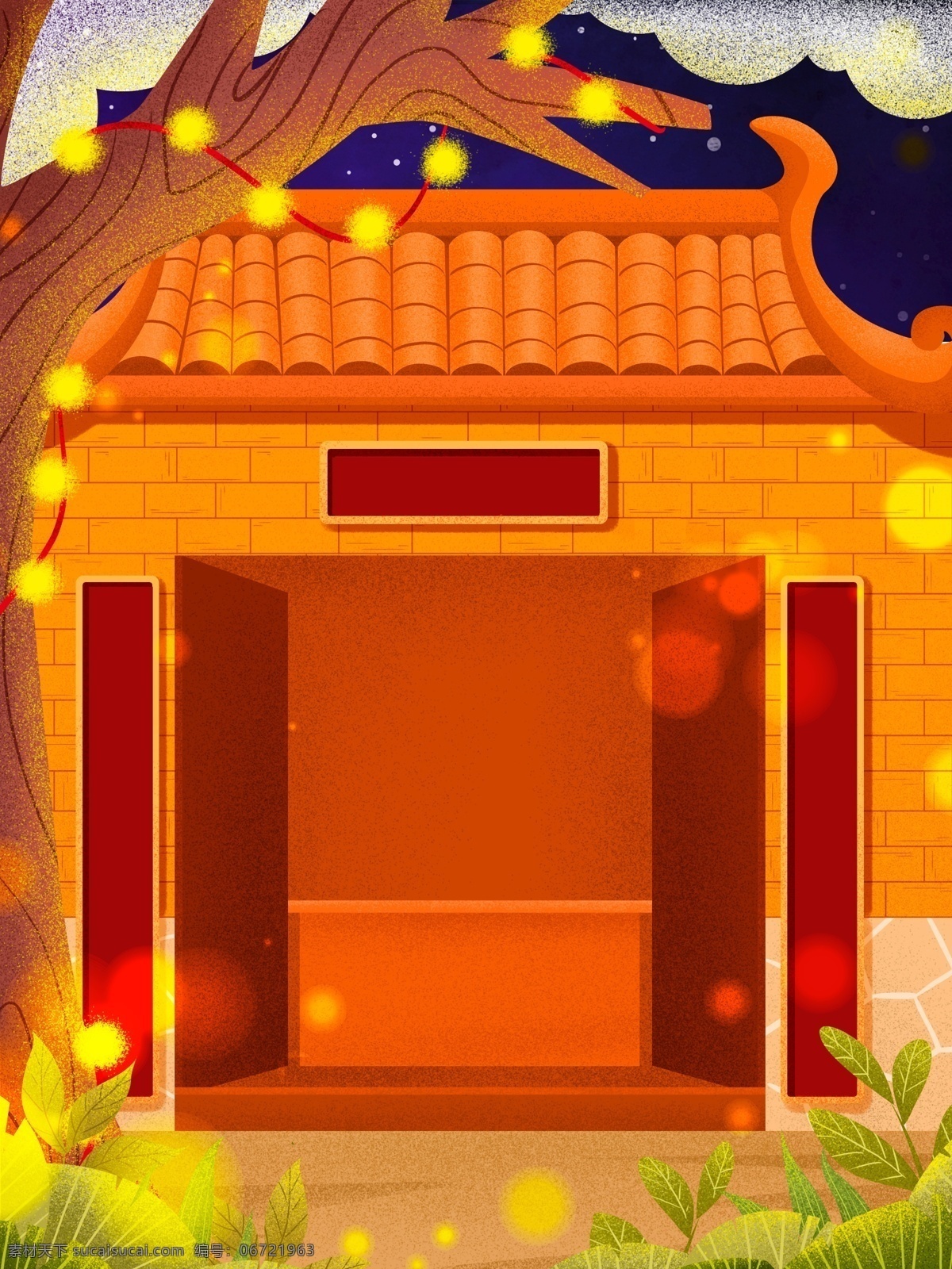 红色 喜庆 元旦 门前 插画 背景 新年背景 红色背景 喜庆背景 新春背景 房屋 植物