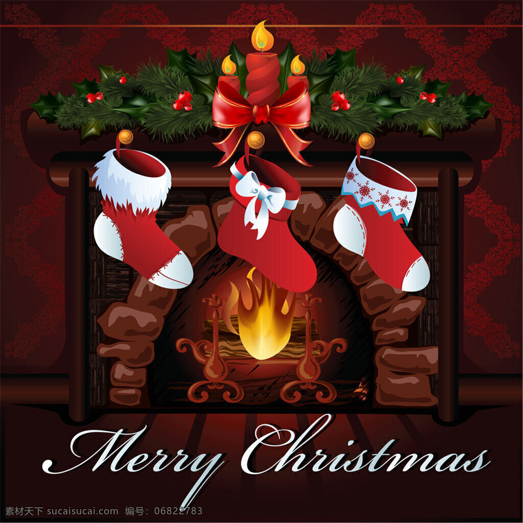 圣诞节 壁炉 袜子 松枝 欢度 温暖 礼物