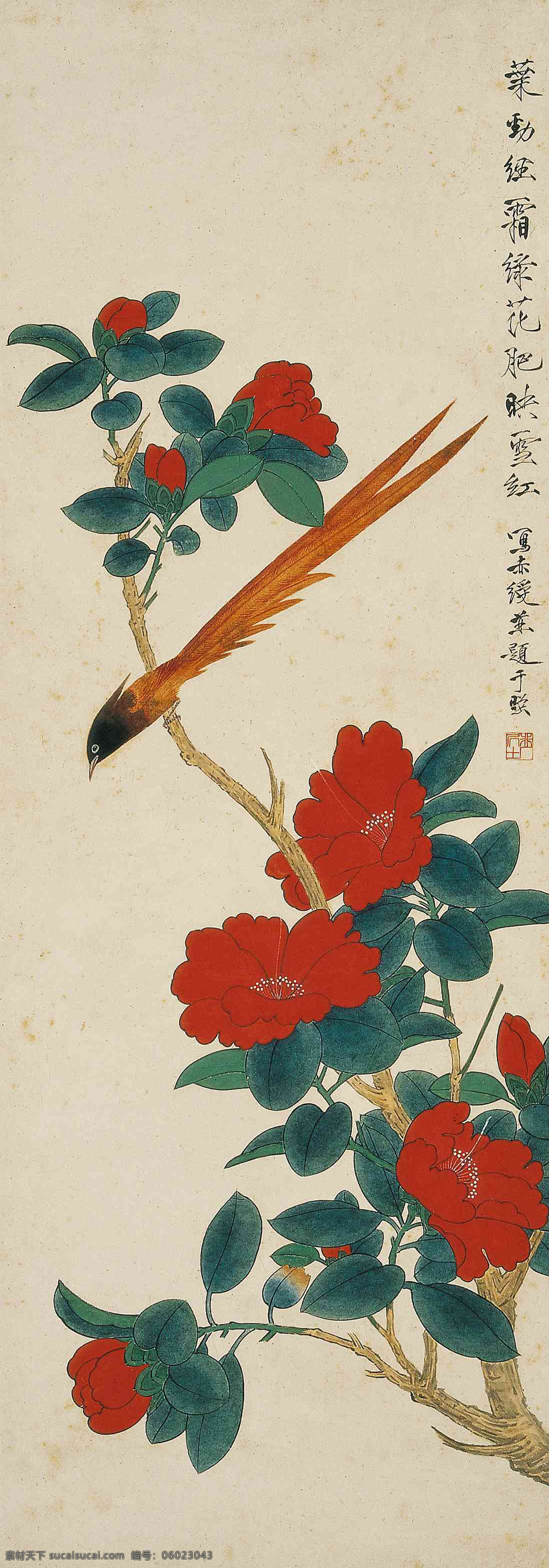 国画 于非闇 红花 赤绶 绶带 花鸟 绘画书法 文化艺术 国画花鸟02