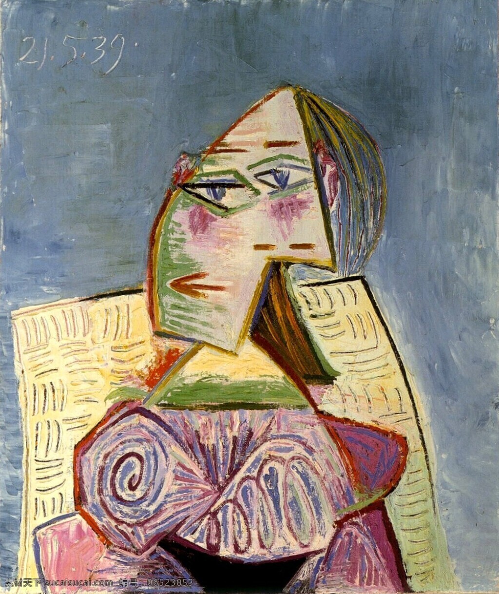 violet 西班牙 画家 巴勃罗 毕加索 抽象 油画 人物 人体 装饰画 costume en femme de buste 1939 家居装饰素材