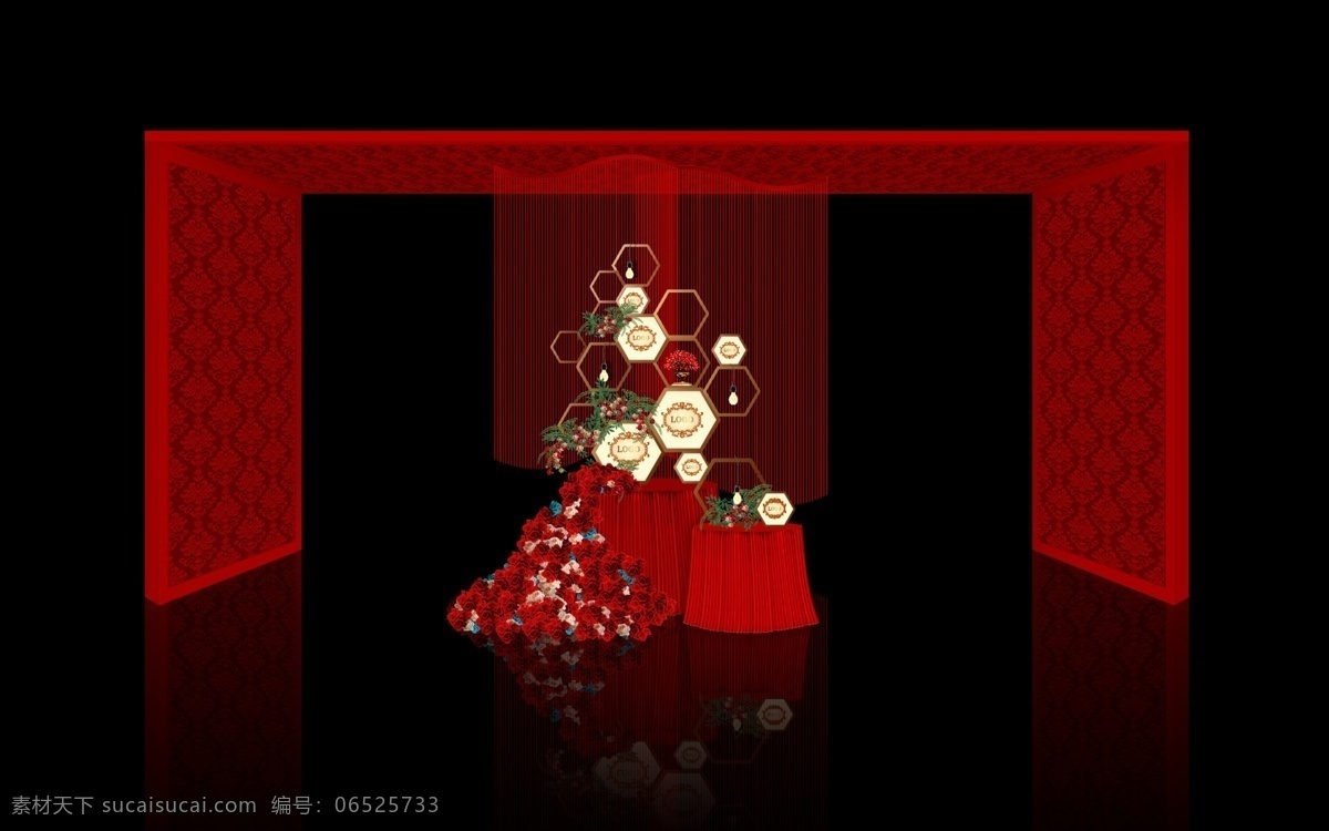 中式 红色 门口 迎宾 复古 花条 镜面 甜品台 线帘 金属六边形