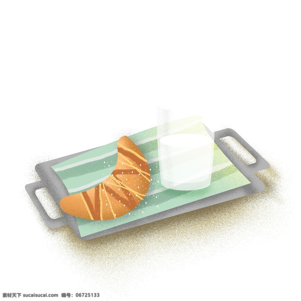 手绘 清新 早餐 牛角 包 牛奶 美食 插画 托盘 牛角包