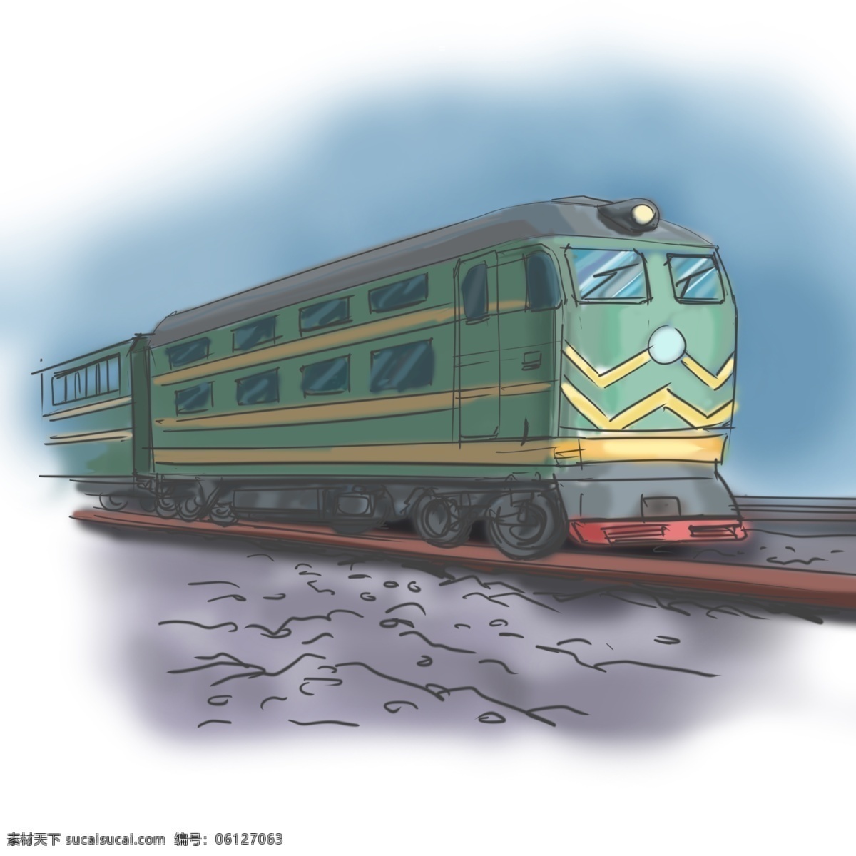 火车 绿皮 卡通 手绘 插画 火车头 列车 绿皮车 老式卧铺车 铁轨 沙土 低速行驶 旅行 卡通风格 插画手绘