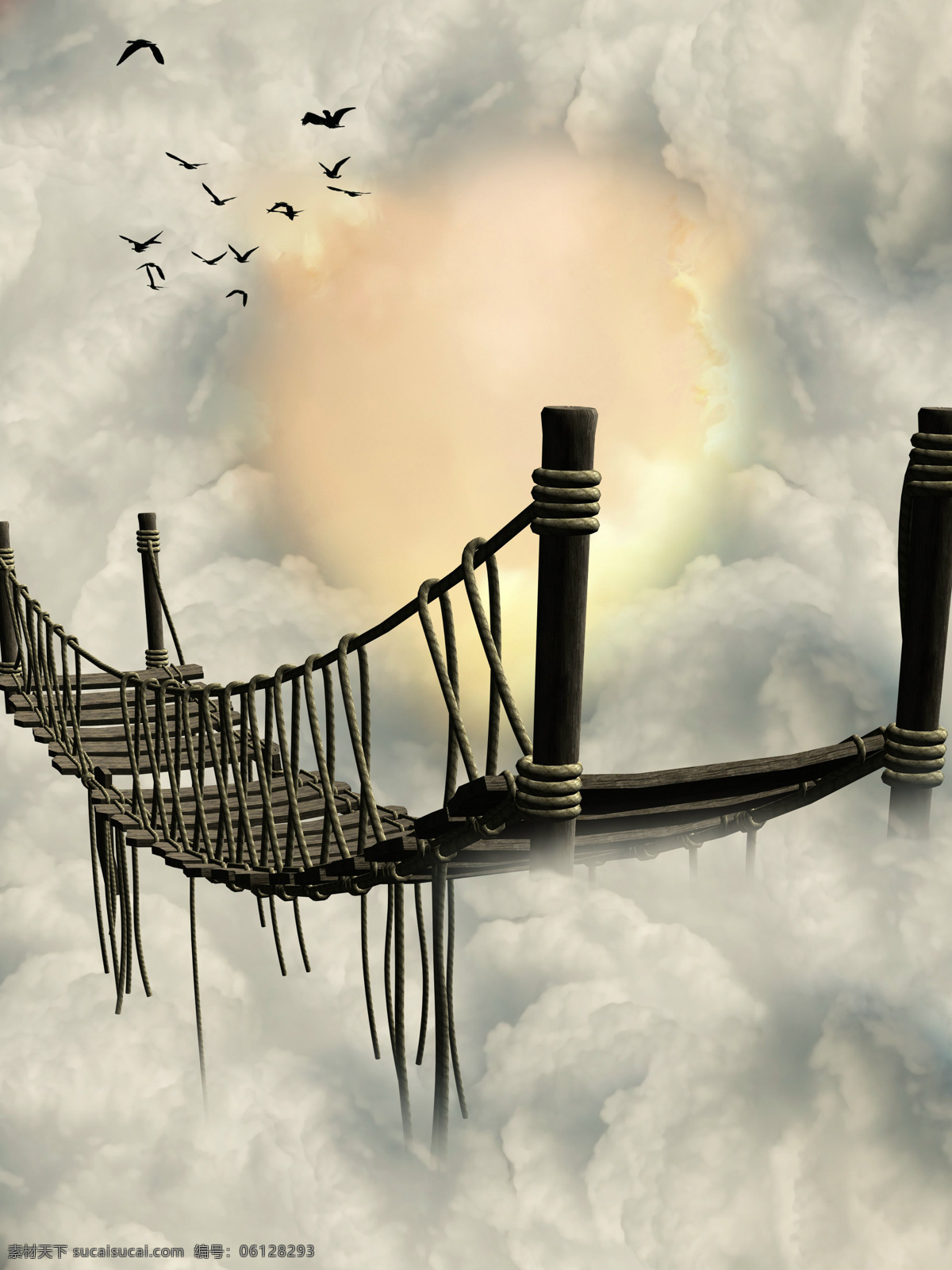 梦幻 木板桥 风景 梦幻风景 索道桥 飞鸟 天空 白云 云层 阳光 奇观 光芒 抽象图片 创意 自然风景 自然景观 黑色