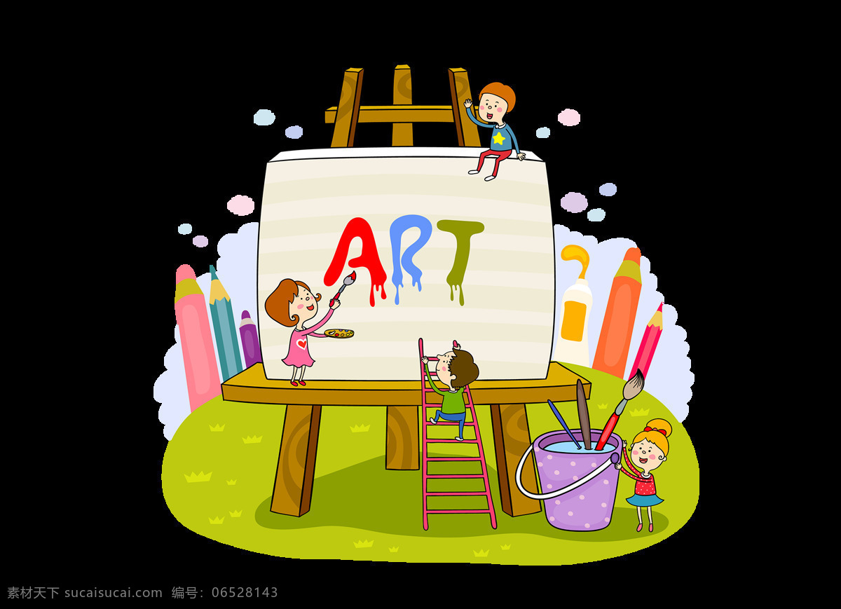 卡通 儿童绘画 元素 绘画 绿色 彩笔 童话 儿童节 画架 水桶 png元素 免抠元素 透明元素