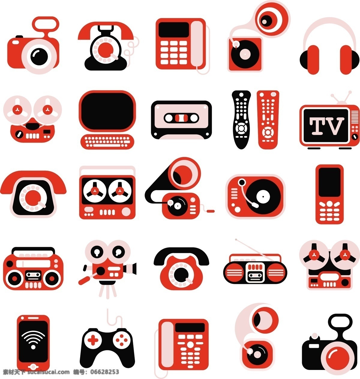 电子设备 红色 黑色 图标 电话 手机 相机 音响 耳机 电石 录音机 游戏机