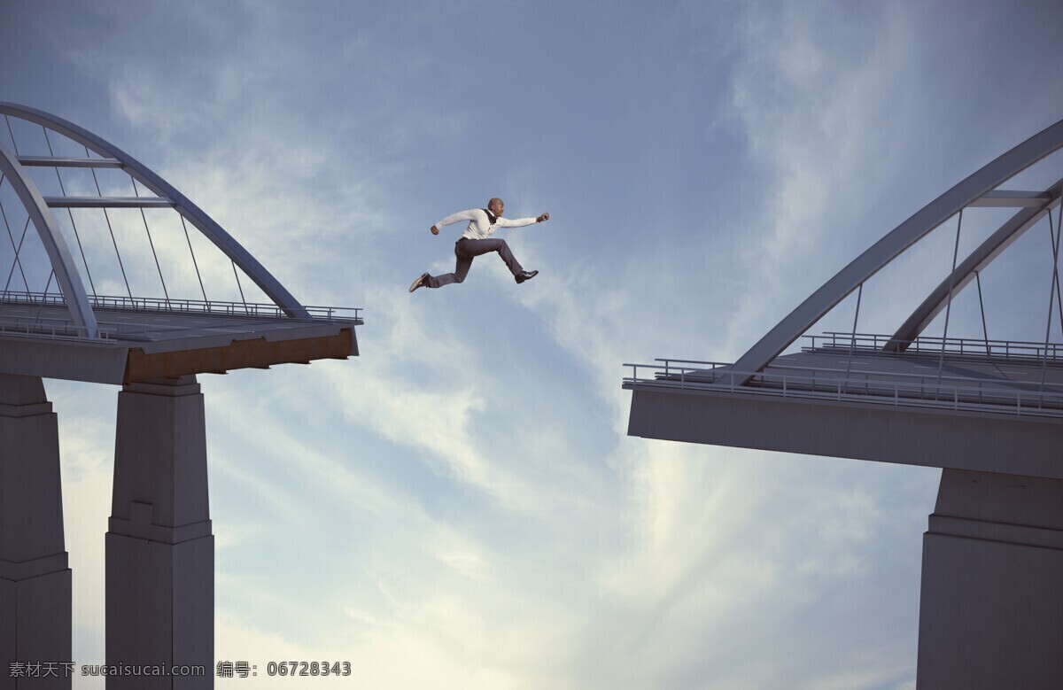 天桥 飞越 商务 男人 蓝天白云 公文包 凌空 飞跃 跳跃 跨越 动作 姿势 动感 活力 商务男人 外国男人 生活人物 人物图片