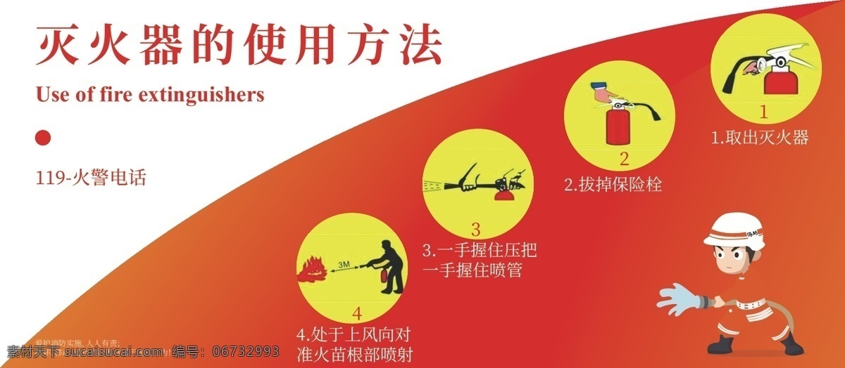 灭火器 使用方法 展板 消防 扁平风格 渐变 公益展板