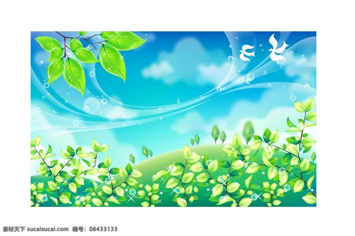 春天 风景 矢量 郊外 呼吸 草 景观 绿化 鸟 树 云 蓝色的天空 郊区 矢量图 花纹花边