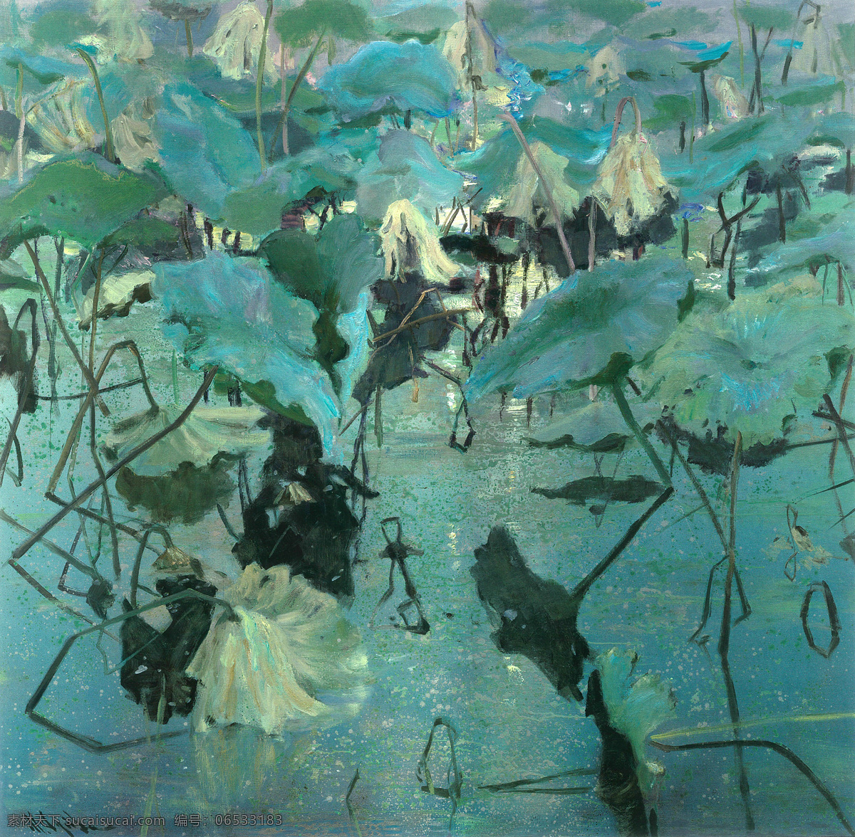 油画作品 背景 池塘 荷花 绿色 凋谢 装饰素材