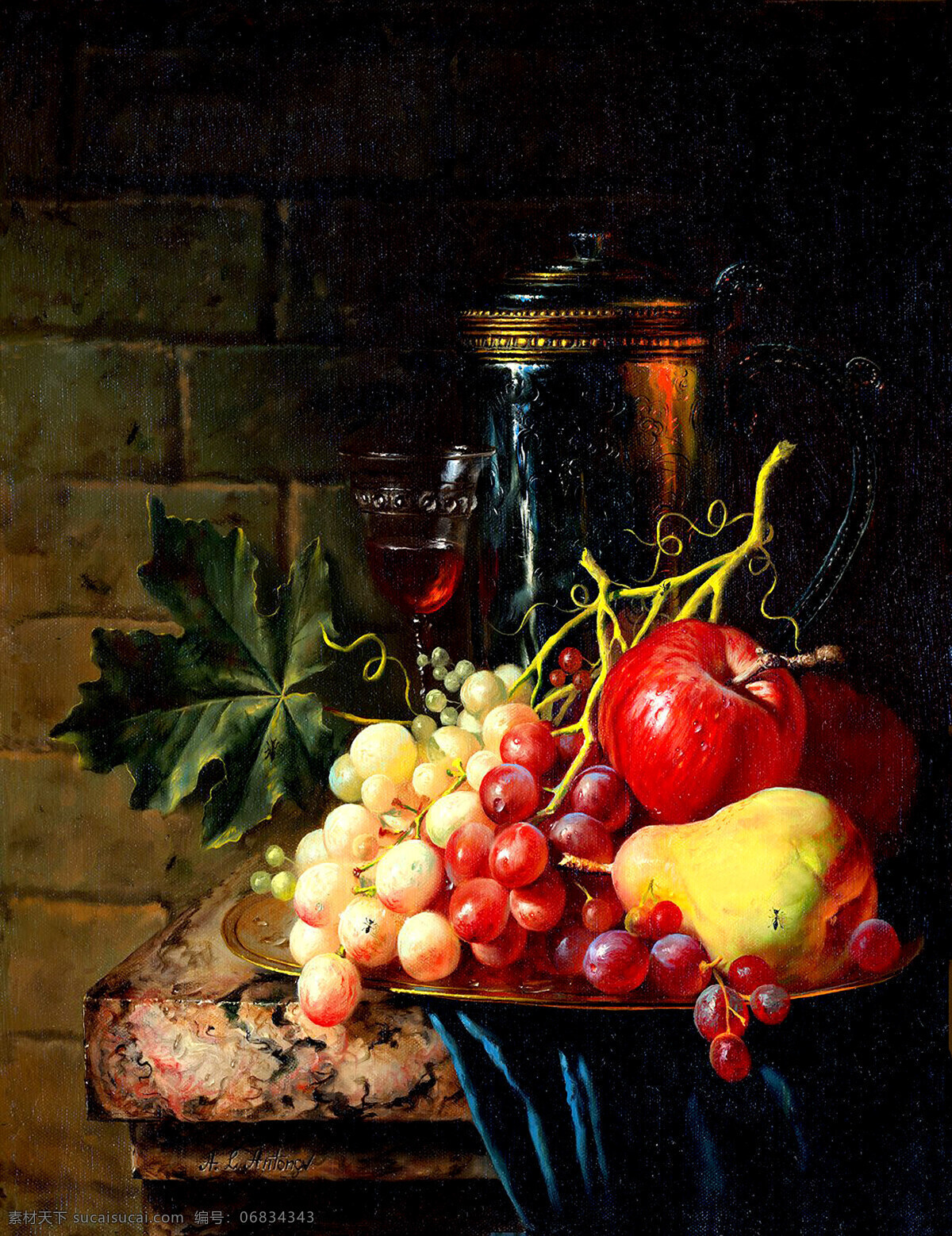 静物画 美术 绘画 油画 水果 桌台 葡萄 鸭梨 红苹果 瓷瓶 叶子 室内 油画艺术 油画作品3 绘画书法 文化艺术