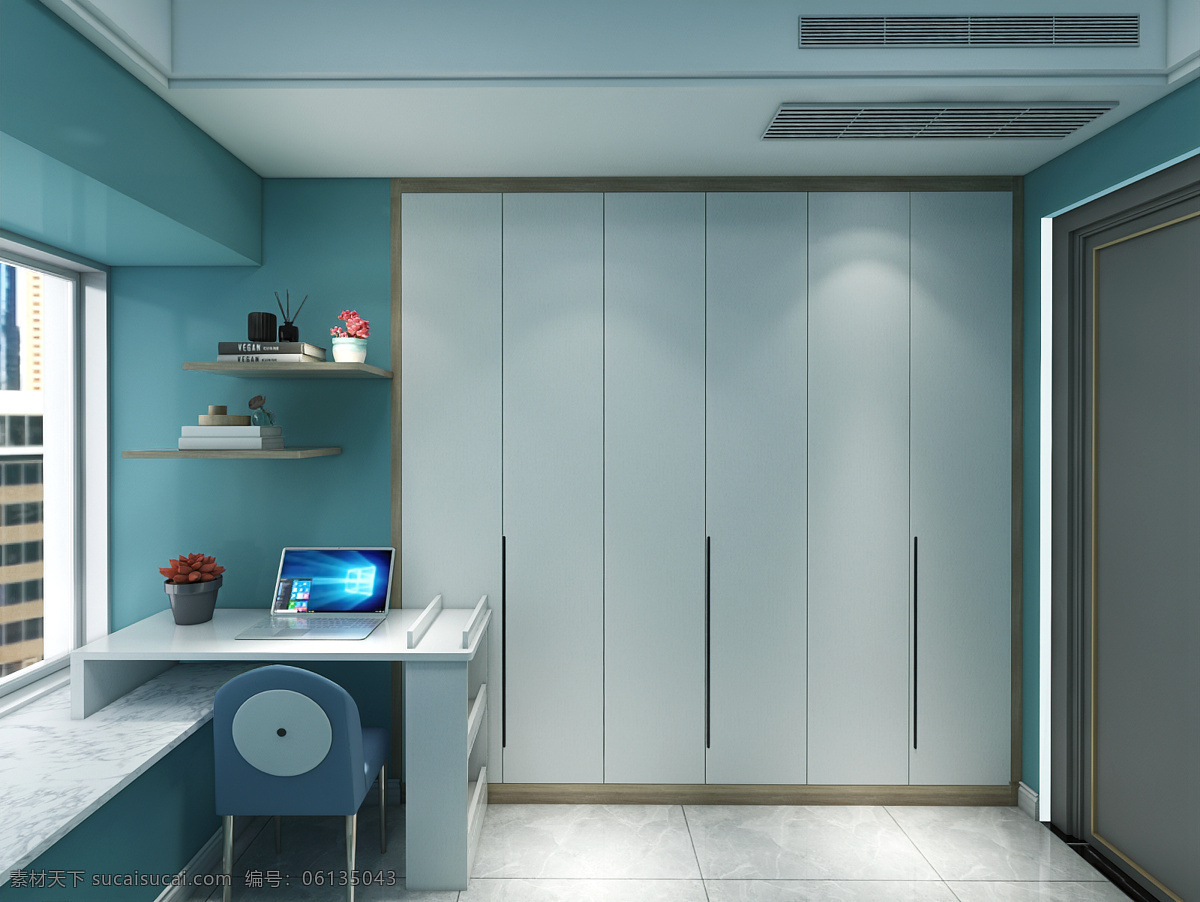 衣柜图片 书桌 衣柜 到顶 蓝色 简约 装修效果图 3d设计 3d作品