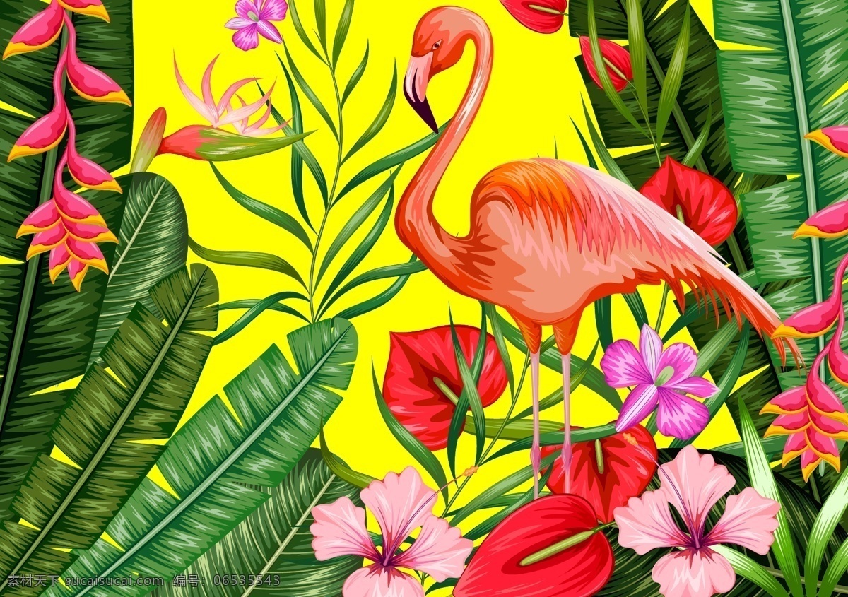 热带 植物 中 美丽 仙鹤 插画 动物 花朵 叶子