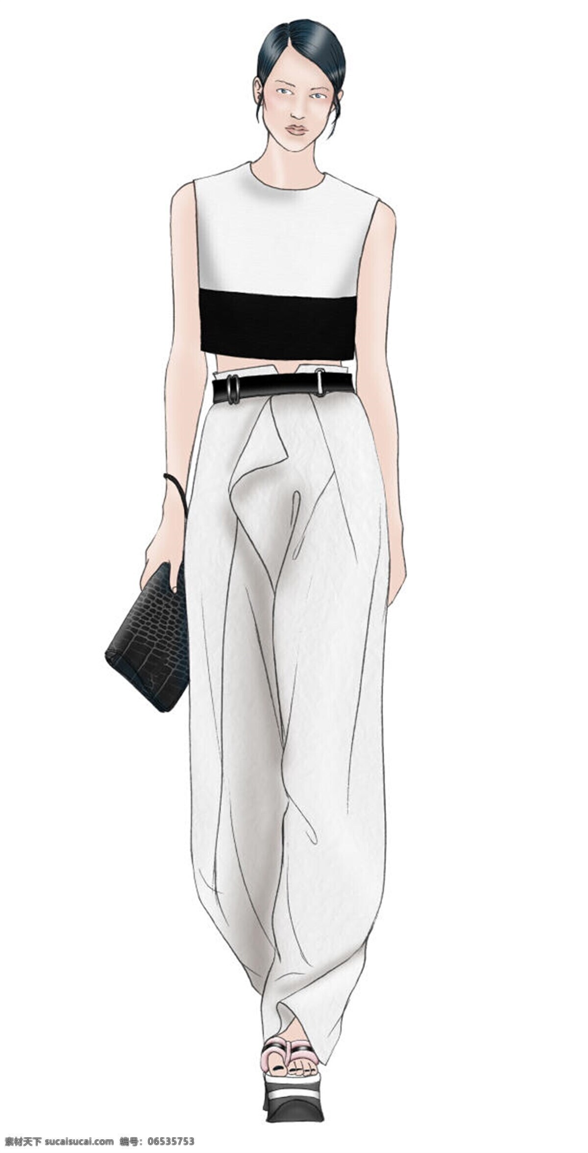白色裤子 服装设计 黑色包包 女装 无袖 简约 白色 背心 效果图