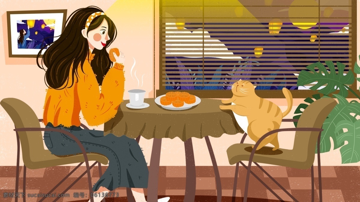 温馨 传统节日 中秋节 女孩 猫 居家 吃 月饼 插画 中秋节海报 月亮 中秋 中秋节插画 中秋佳节 花好月圆 浓情中秋 中秋背景 中秋佳节背景 手绘中秋节 赏月 思念 团圆 中秋团圆 中秋习俗 月圆 中国传统节日 手绘