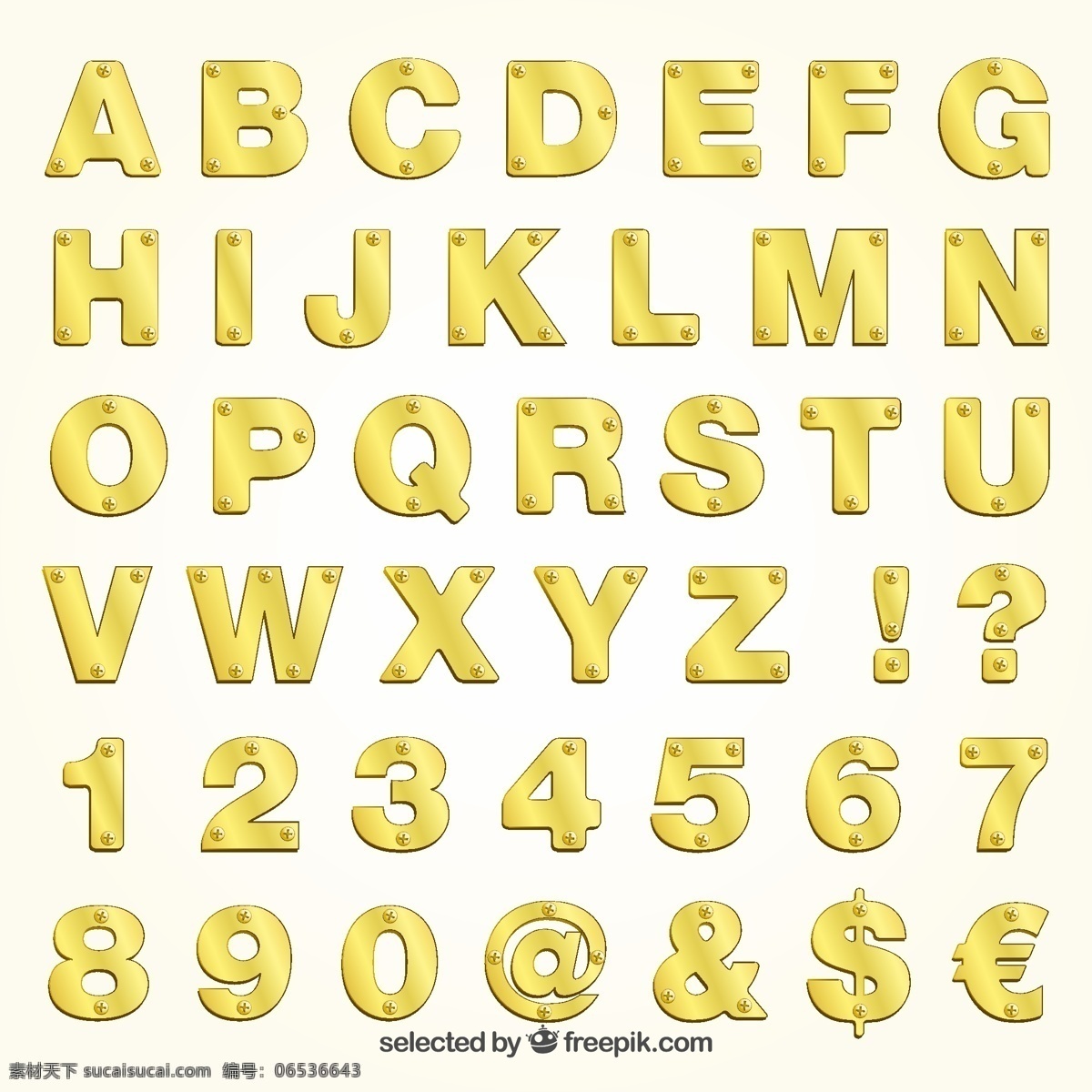 金色 金属 艺术 字 矢量图 螺丝钉 艺术字 字母 数字 符号 大写 白色