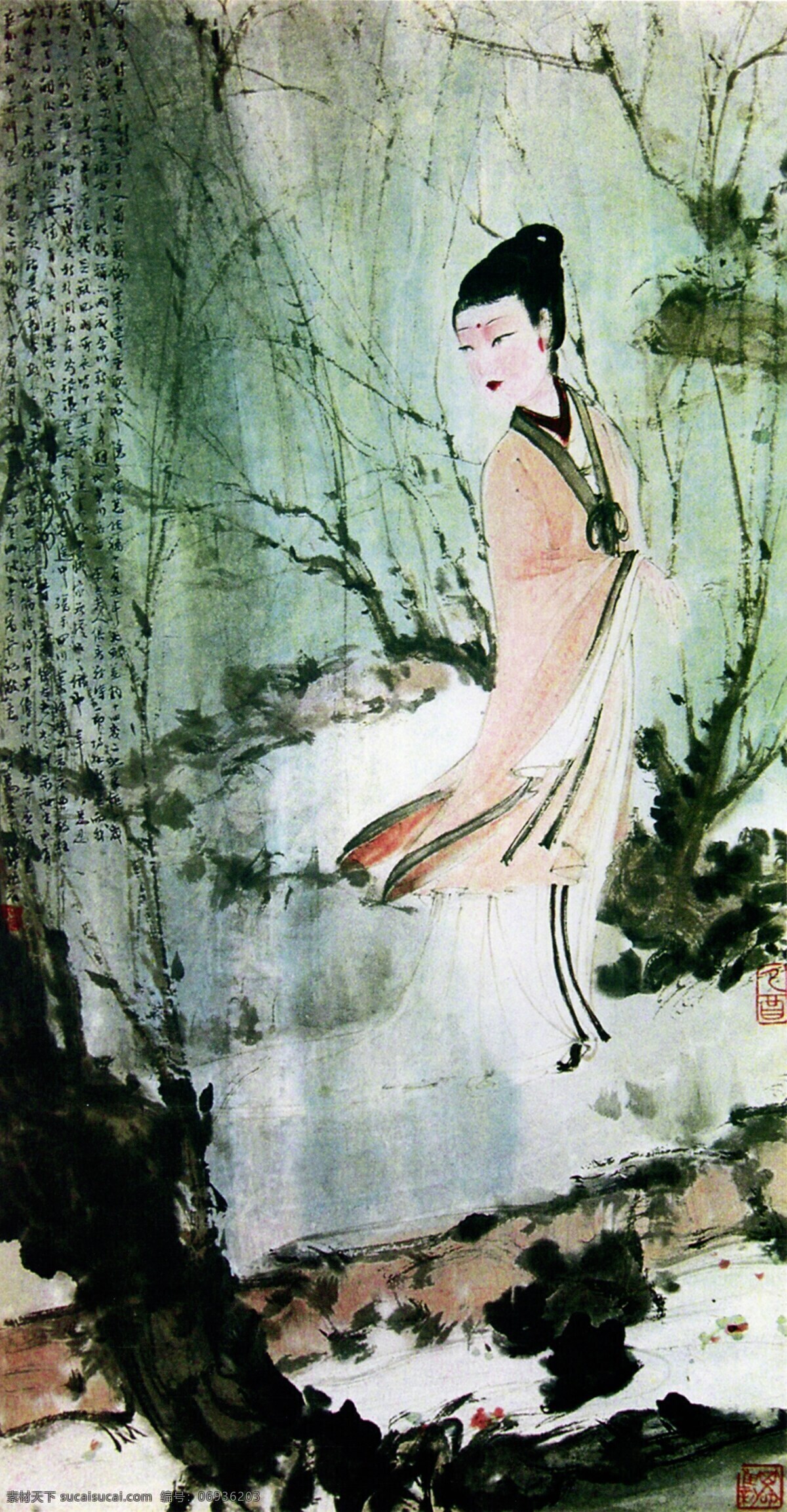 柳 阴 仕女 国画 人物画 山水画 水墨画 中国画 中国山水画 柳阴仕女 文化艺术