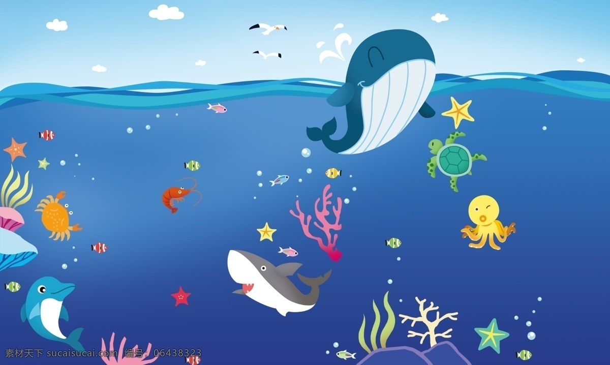 海 鲸鱼 鲨鱼 海洋环境 海底 卡通 可爱 动漫动画 风景漫画