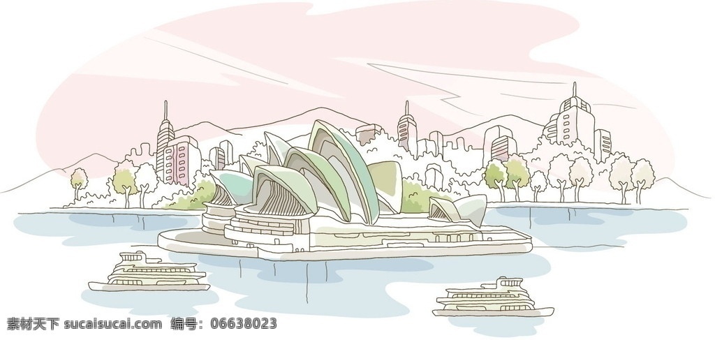 手绘 悉尼 海滨 城市 景观 建筑 临海 线条 线稿 白描 矢量图 城市建筑 建筑家居 矢量