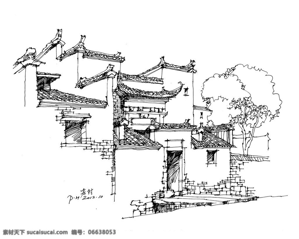 徽派 建筑 钢笔 速写 西递宏村 建筑设计 环境设计