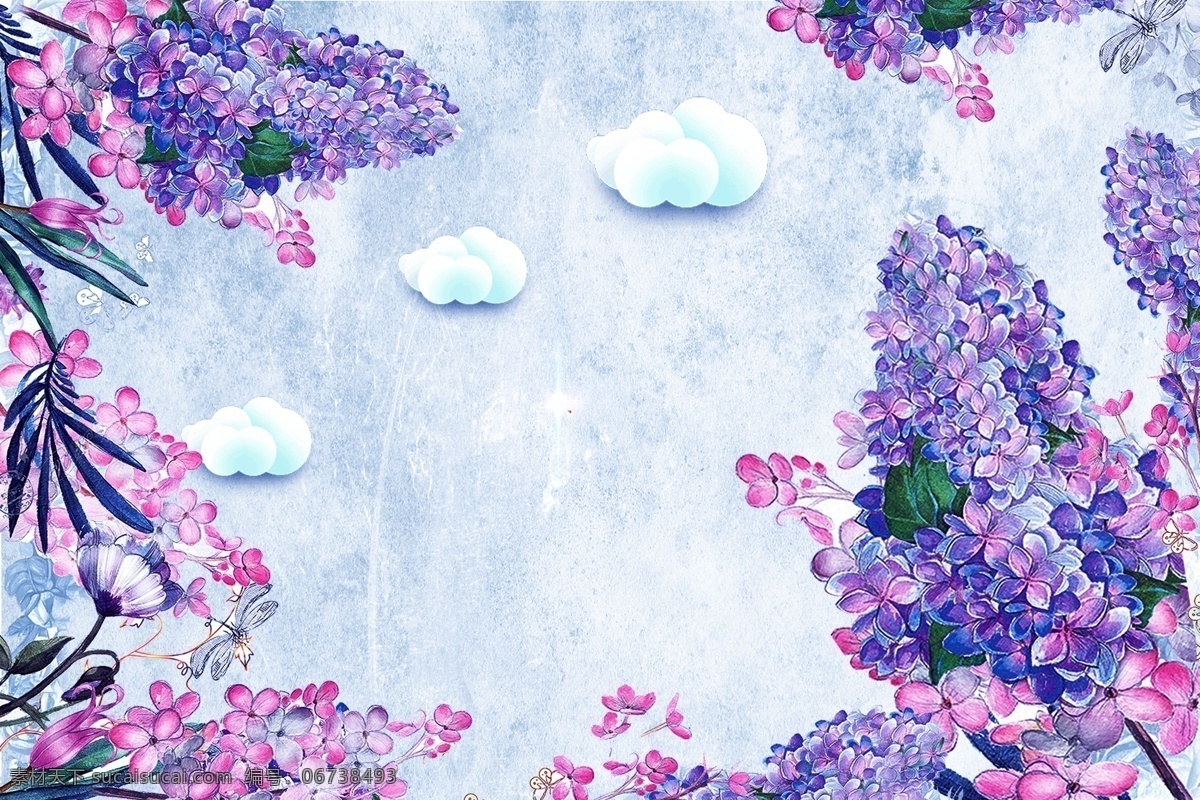 紫色 花卉 书房 背景 墙 彩绘 云朵 装饰画 花 装饰背景墙 室内装饰