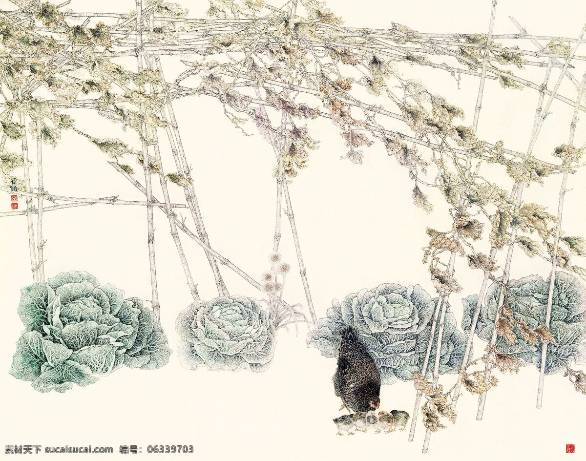 彩墨画 菜园 工笔画 国画艺术 绘画书法 卷心菜 美术 母鸡 馨情 中国画 水墨画 小鸡 觅食 书法 印章 国画集35 文化艺术 装饰素材 雕刻 图案
