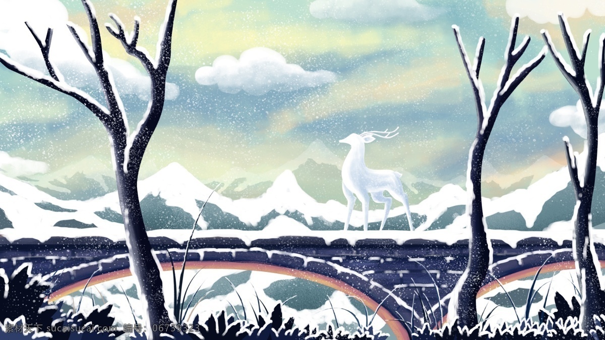 原创 手绘 插画 冬季 雪景 石桥 上 鹿 冬天 天空 云 冬季雪景 下雪 雪 树枝 桥 山 手绘插画