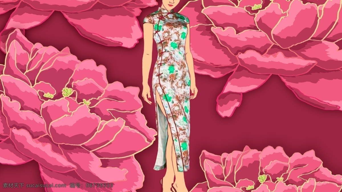 红 牡丹 旗袍 女性 插画 红色 中国风 女人 复古 知性