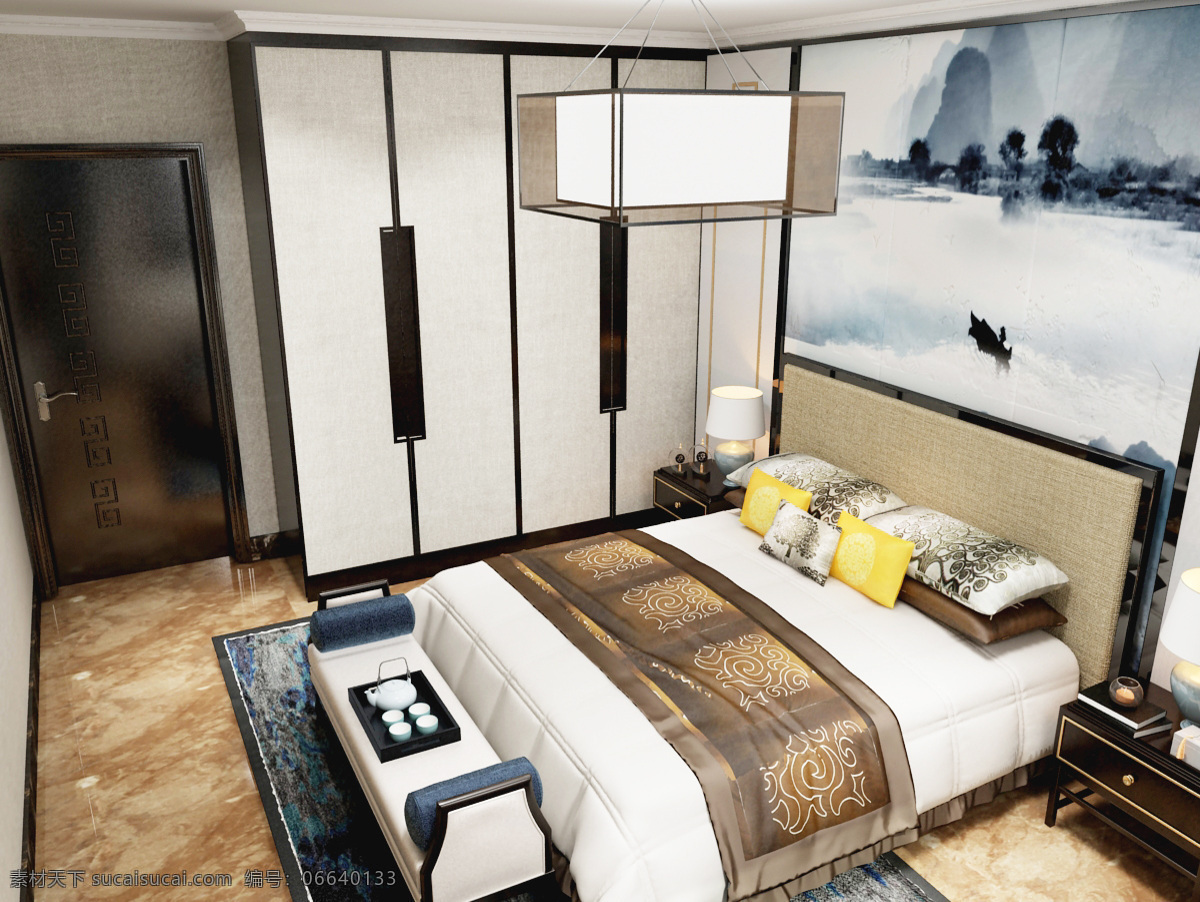 简易 中式 卧室 空间设计 背景墙 大理石 吊灯 地毯 电视机 贴脚线 山水装饰画