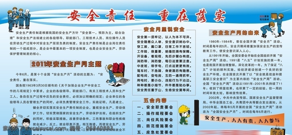 安全责任板报 安全责任 展板 板报 五会内容 安全生产 人人有责 参与 安全插图 卡通人物 安全生产月 主题 矢量 蓝色背景 警钟 展板模板