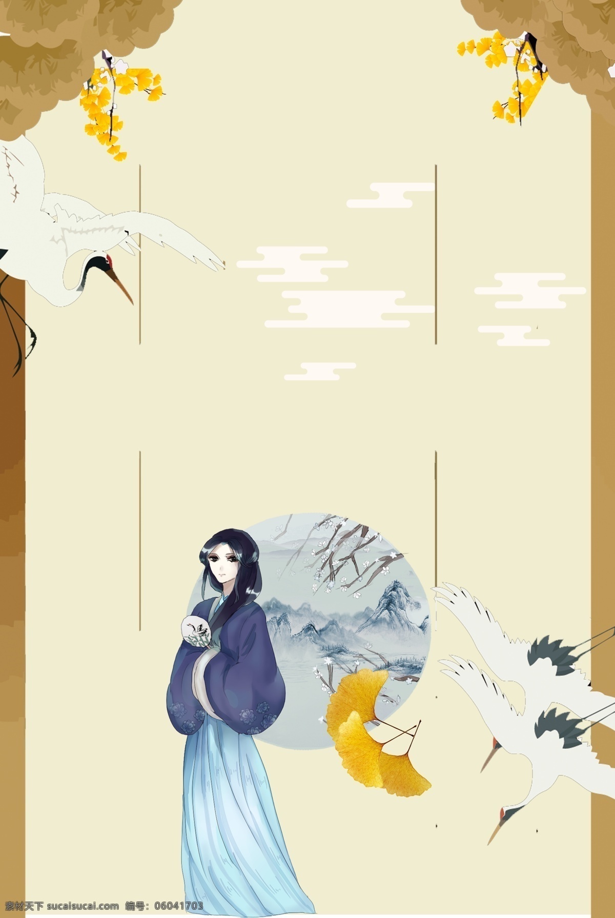 传统 二十四节气 白露 古风 女子 背景 中国风 淡雅 银杏叶