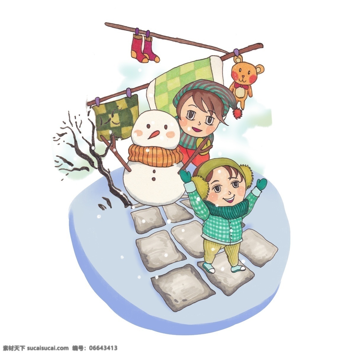 原创 手绘 风 插画 节气 小雪 场景 元素 节日 板绘 下雪 晒被子 枯树 海报 雪人 玩雪 打雪仗