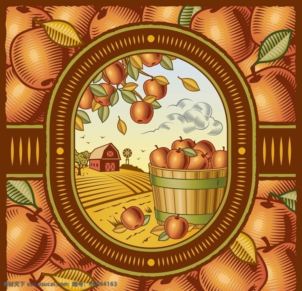 丰收的秋天 苹果园 丰收的苹果园 矢量苹果 田野 秋天 矢量果园 矢量