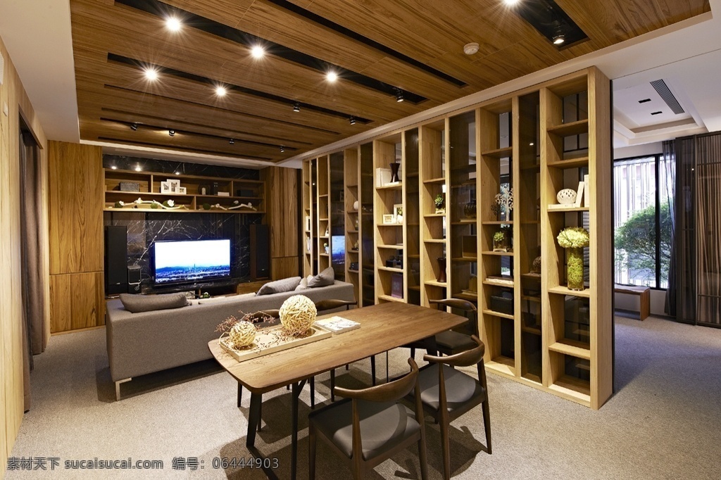 现代 时尚 客厅 木制 天花板 室内装修 效果图 客厅装修 浅色地板 木制餐桌 木制柜子