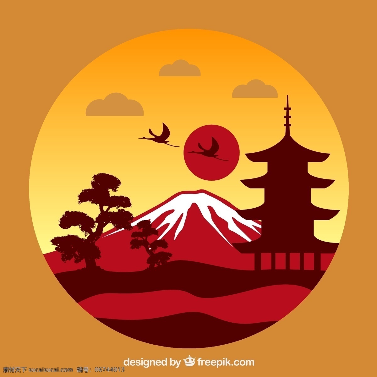 日本 风景 插画 矢量 仙鹤 松树 塔 富士山 太阳 矢量图 橙色